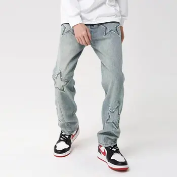 Мешковатые Новые джинсы со звездной вышивкой 2023 года, брюки Y2K, мужская одежда, выстиранные синие прямые роскошные джинсовые брюки в стиле хип-хоп Pantalon Homme