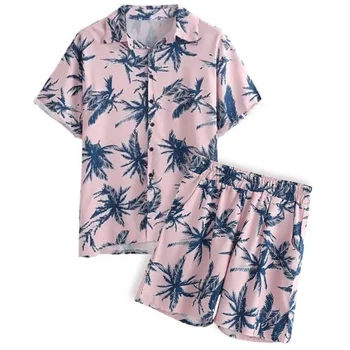 Модная рубашка с коротким рукавом и принтом кокосовой пальмы, Гавайские рубашки и шорты на пуговицах, Розовые, 2 предмета, Летние мужские пляжные комплекты