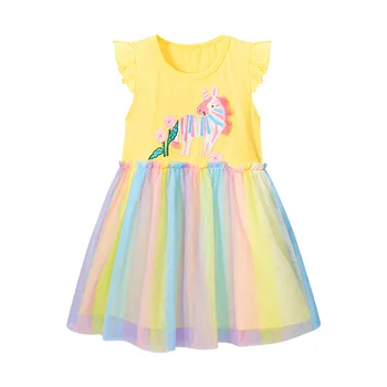 Модное трикотажное хлопковое платье для девочек, летнее сетчатое платье принцессы с мультяшной вышивкой, милое кружевное детское платье