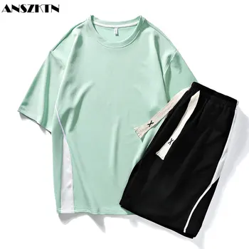 Мужская летняя футболка ANSZKTN, свободные шорты, спортивный повседневный костюм с коротким рукавом