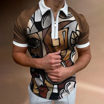 Мужская повседневная рубашка поло с абстрактным рисунком и 3D принтом, Летняя рубашка поло на молнии с коротким рукавом