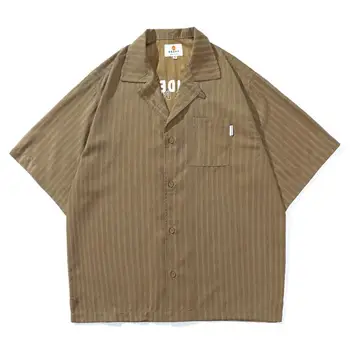 Мужская рабочая одежда с отворотом на летний день 2023 года, свободная рубашка в полоску с вышивкой, топ с коротким рукавом