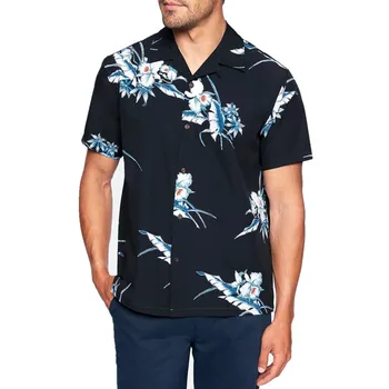 Мужская черная гавайская рубашка с коротким рукавом в цветочек