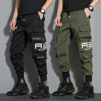 Мужские брюки-карго с лентами, Джоггеры с карманами в стиле хип-хоп, Повседневные спортивные брюки, мужская тактическая уличная одежда, брюки Techwear