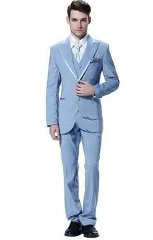 Мужские костюмы Небесно-голубого цвета с лацканами на двух пуговицах, Модные смокинги Terno Slim Fit (Пиджак + Брюки + Жилет + Галстук + Носовые платки)