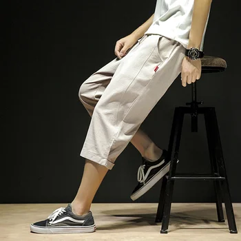 Мужские летние льняные брюки большого размера длиной до икр в китайском стиле, повседневные свободные однотонные мужские брюки с завязками
