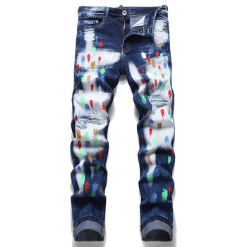 Мужские разрисованные рваные джинсы, уличная одежда, эластичный деним, Тонкие зауженные брюки, потертые брюки с дырками