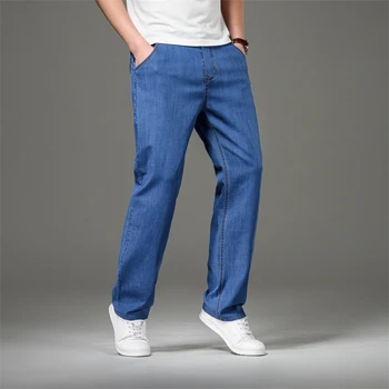 Мужские светлые выстиранные эластичные тонкие джинсы, мужские деловые повседневные свободные прямые джинсовые брюки, Мягкие светло-голубые классические брюки