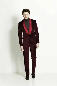 Мужской бордовый бархатный костюм Дизайнерский свадебный стильный костюм для жениха (пальто + брюки)