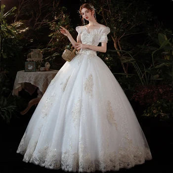 Настоящее фото Платье Невесты, Модное Кружевное Платье с Цветочной Вышивкой, Свадебное платье с открытыми плечами для невест, Винтажная Аппликация С Блестками