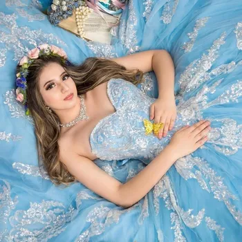 Небесно-голубое винтажное бальное платье, пышные платья с открытыми плечами и аппликацией, Vestidos De 15 Anos Sweet 16 Prom.