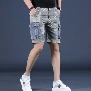 Новые летние джинсовые шорты С мужским модным принтом Свободные укороченные Винтажные брюки Модные Тонкие брюки Карго Уличная одежда Мужская одежда Корейская