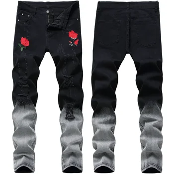 Новые черные брюки-карандаш, мужские джинсы, Джинсовые брюки с вышивкой в виде сломанной розы, уличная одежда, мужская мода, Трико в полный рост
