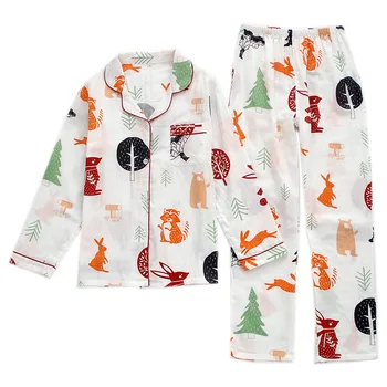 Новый хлопковый комплект пижам с двойными сетчатыми брюками и длинными рукавами, пижама для домашнего обслуживания с мультяшной белкой, женская пижама для сна