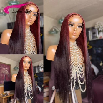Омбре Красный 99J Прямые парики из человеческих волос 13X4 на шнурке с закрытием шнурком 180% человеческих волос Бразильские парики для чернокожих женщин