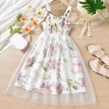 Платье принцессы без рукавов с цветочным принтом для маленьких девочек, сетчатые платья для танцевальной вечеринки, платье для прядения сказок