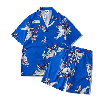 Повседневный комплект из 2 предметов с 3D принтом Crane, рубашка и шорты, свободные летние костюмы из полиэстера нового качества, пляжные гавайские гладкие модные костюмы