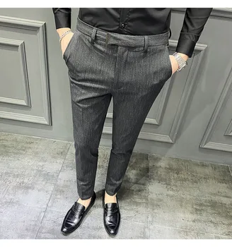 Полосатые строгие брюки для костюма, мужские весенние новые высококачественные деловые повседневные стрейчевые тонкие прямые брюки, Брендовая мужская одежда