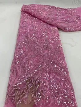 Розовая Роскошная Свадебная Кружевная ткань с бисером 2023 Новейшая Африканская Французская Сетчатая Кружевная ткань с Вышивкой Пайетками Бисером Тюлевая ткань