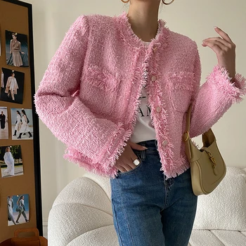 Розовая элегантная Женская куртка с кисточками, Корейское модное Короткое Осенне-зимнее пальто