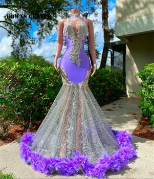 Роскошные выпускные платья с фиолетовыми перьями 2022 года для чернокожих девочек, платья-русалки для свадебной вечеринки, вечерние платья на день рождения с бретельками
