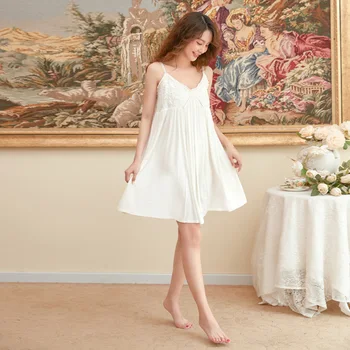 Сексуальная пижама для женщин, кружевная модальная пижама для девочек, ночное платье, летняя белая ночная рубашка средней длины, ночное платье без рукавов с V-образным вырезом