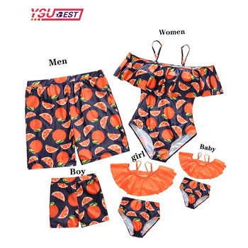 Семейный купальник, комплект купальников для мамы и дочки, бикини с оранжевым принтом 