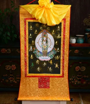 Статуя тибетского буддиста из шелка с позолотой Thangka Thangka 1000 arms Guanyin