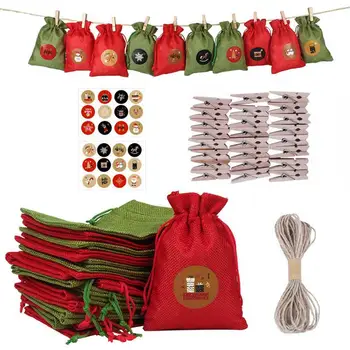 Сумки с рождественским адвент-календарем, подвесные пакеты для конфет и подарков на шнурке, украшения для рождественских праздников и вечеринок с зажимами и веревками &