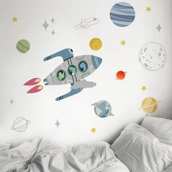 Съемная наклейка на стену Мультфильм Космическая ракета Украшение детской комнаты детского сада Картина из самоклеящейся бумаги