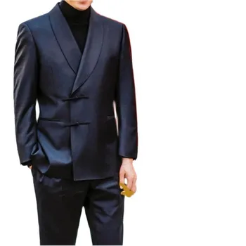 Темно-синие мужские костюмы, шаль, отворот, Блейзер с китайскими пуговицами, брюки, одежда для званого ужина, социальный костюм, Свадебная одежда, куртка, брюки из 2 предметов