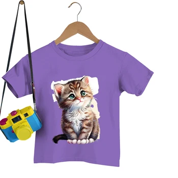 Топы, детские футболки с героями мультфильмов, футболка с короткими рукавами с принтом милого кота, модная детская одежда в стиле харадзюку, футболка Y2K с животными для девочек
