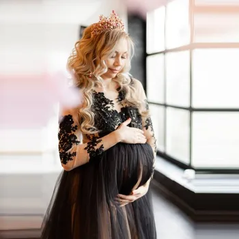 Элегантные черные кружевные платья для беременных, Боди из двух частей, Фатиновая Съемная юбка, Платья для фотосессии с длинным шлейфом, платья для беременных