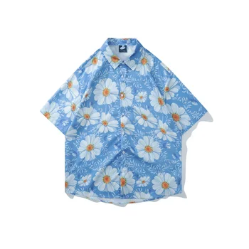 Японская уличная рубашка с коротким рукавом и принтом в виде маленькой маргаритки, свободная тонкая студенческая рубашка с лацканами, мужская на весну